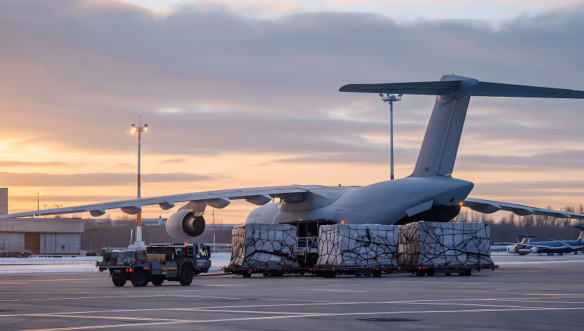 Cargo plane on the tarmac at sunset being loaded with netted air freight pallets.